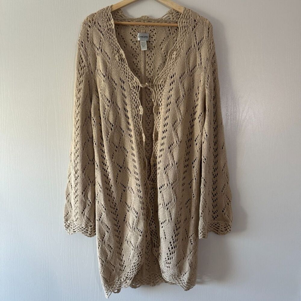Chicos Open Front Tie Long Cardigan Crochet Knit Flared Sleeve Beige Sz 2 Large